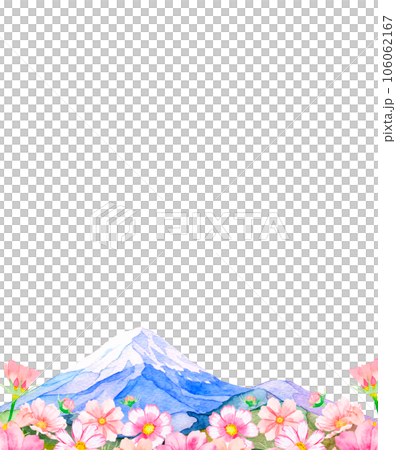 Frame illustration of cosmos field and beautiful Mt. Fuji painted by watercolor 106062167