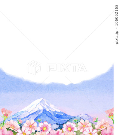 水彩で描かれたコスモス畑と美しい富士山のフレームイラストのイラスト