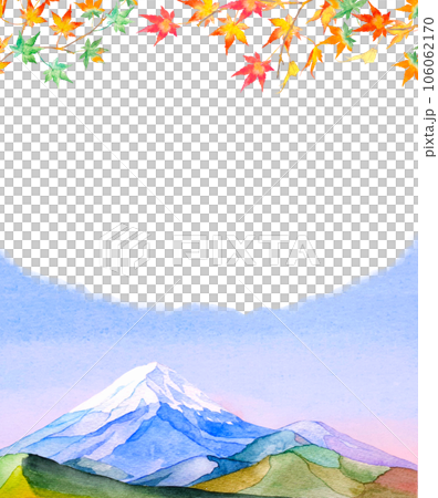 水彩で描かれた紅葉と美しい富士山のフレームイラスト 106062170