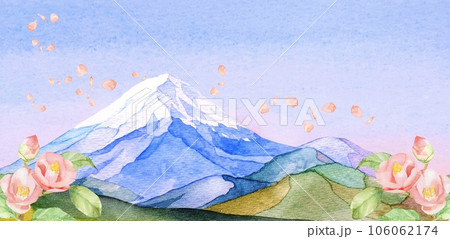 水彩で描かれた富士山と椿の背景イラストのイラスト素材 [106062174