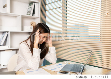 Young woman stressed or worried about doing a wrong job, Despair or disappointment, Sad feeling, Suffering, Desperate, Hopeless, Fail, disastrous, bankrupt, Scared, panicky, Failure of life. Young woman stressed or worried about doing a wrong job, Despair or disappointment, Sad feeling, Suffering, Desperate, Hopeless, Fail, disastrous, bankrupt, Scared, panicky, Failure of life. 106062411