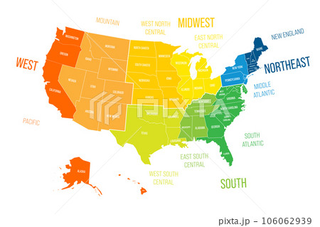Regions and Divisions of United States - statistical units defined by US Census Bureau. Colorful vector map. 106062939