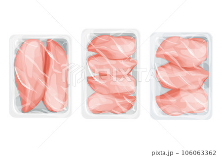 Set Chicken raw filet in plastic tray, package with poultry in cartoon style isolated on white background. Broiler meat covered  106063362