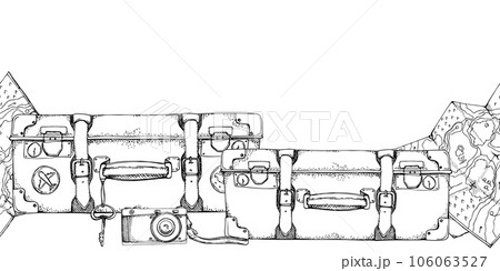 Ink hand drawn vector sketch. Seamless banner. Vintage retro luggage, baggage suitcases with stickers, old camera, map. Design for tourism, travel, brochure, wedding, guide, print, card, tattoo. Ink hand drawn vector sketch. Seamless banner. Vintage retro luggage, baggage suitcases with stickers, old camera, map. Design for tourism, travel, brochure, wedding, guide, print, card, tattoo. 106063527