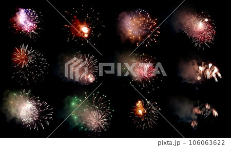 Firework. Colorful set of fireworks showing on dark sky at night time for special celebration day Firework. Colorful set of fireworks showing on dark sky at night time for special celebration day 106063622