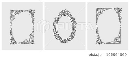 Hand drawn vector abstract outline,graphic,line art vintage baroque ornament floral frames set in minimalistic modern style.Baroque floral vintage outline design concept.Vector antique frame isolated. 106064069