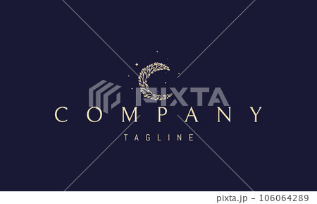 Vector golden logo on which an abstract image of the moon made up of leaves against the background of stars. 106064289