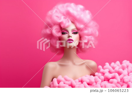 Emotion pink wig woman. Wide open mouth. Pink lips makeup Emotion pink wig woman. Wide open mouth. Pink lips makeup 106065223