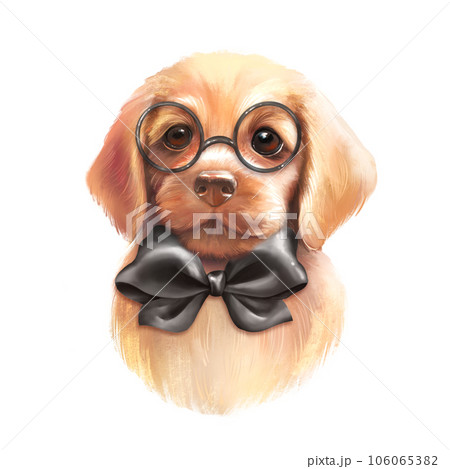 Cute dog. Black bow tie and glasses. Animal illustration, hand drawn Cute dog. Black bow tie and glasses. Animal illustration, hand drawn 106065382