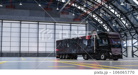 3D rendering of futuristic heavy truck with trailer parked in big garage 3D rendering of futuristic heavy truck with trailer parked in big garage 106065770