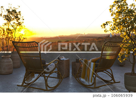 Mockup empty concrete wall on rustic balcony. Farmhouse nature outdoor living area with boho wicker wooden armchair. Panoramic sky view with green plants. 3d rendering. High quality 3d illustration Mockup empty concrete wall on rustic balcony. Farmhouse nature outdoor living area with boho wicker wooden armchair. Panoramic sky view with green plants. 3d rendering. High quality 3d illustration 106065939