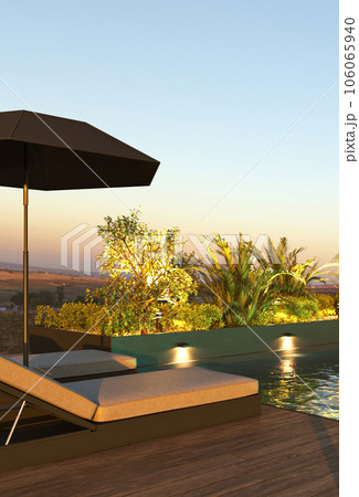 Luxury hotel design. Modern villa outside with beautiful garden, brown wooden floor and green palm plants. NIght scene lighting and sunset mountain view. 3d rendering. High quality 3d illustration Luxury hotel design. Modern villa outside with beautiful garden, brown wooden floor and green palm plants. NIght scene lighting and sunset mountain view. 3d rendering. High quality 3d illustration 106065940