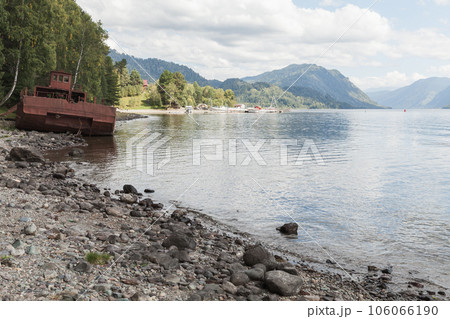 Teletskoye lake, coastal landscape with ship wreck 106066190