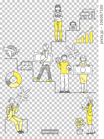お金とライフプランのイメージ図 お金を持った男女と説明する男女 お金とライフプランのイメージ図 お金を持った男女と説明する男女 106067380