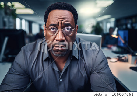 African American manager looks at the camera with sleepy eyes. 106067661