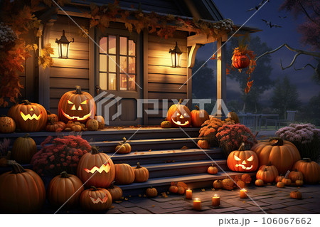 House decorated for Halloween. 106067662