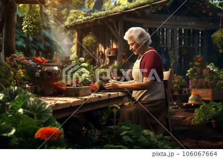Elder woman is planting a flowers in her garden 106067664