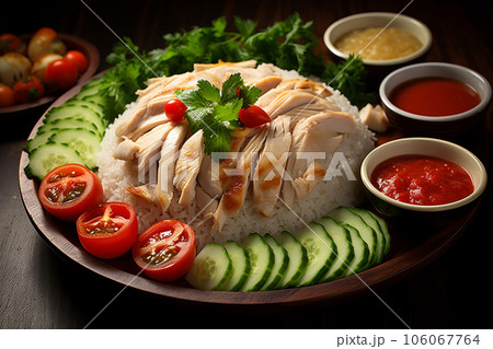 Hainanese chicken rice, Thai street food. Generative AI. 106067764