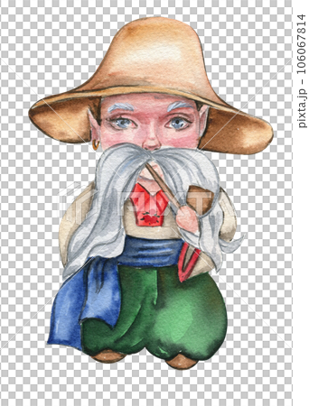 Watercolor hand drawn boy gnome in national ukrainian costume.Design for baby shower party, birthday,cake, holiday celebration design, greetings card,invitation. 106067814