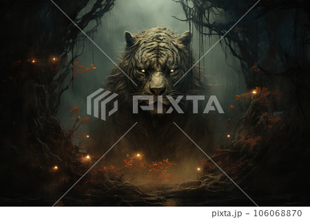 Image of a tiger in the forest with a scary atmosphere, Wildlife Animals., Generative AI, Illustration. 106068870