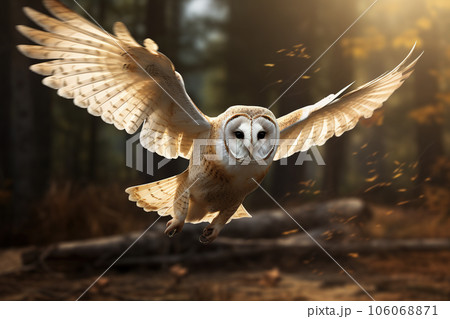 Image of a barn owl flying in the forest, Bird, Wildlife Animals., Generative AI, Illustration. 106068871