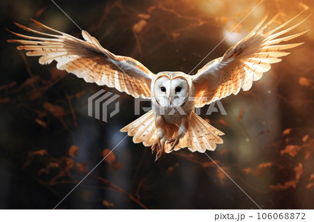 Image of a barn owl flying in the forest, Bird,...のイラスト