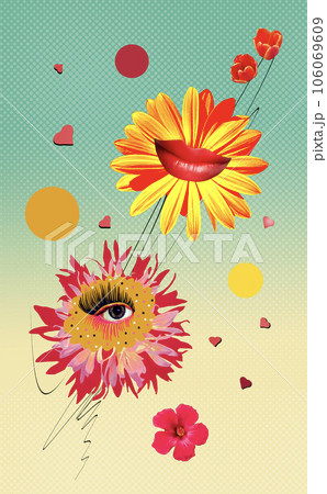 Contemporary art collage. Flowers as eyes and red lips. 106069609