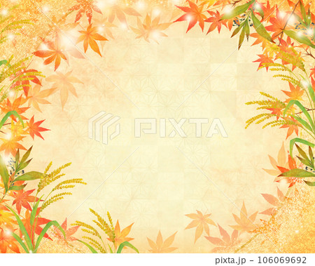 キラキラ輝く美しい紅葉の葉のオシャレな光の差し込む和柄の背景素材フレーム 106069692