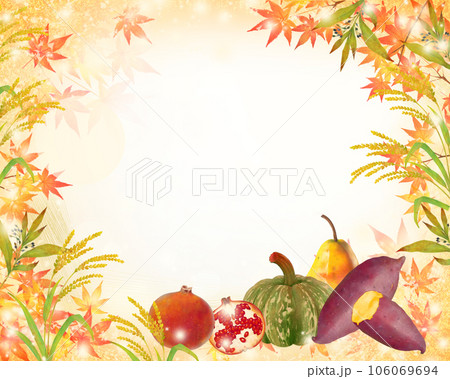 稲とキラキラ輝く紅葉の葉の光の差し込むピンボケの背景素材フレーム 稲とキラキラ輝く紅葉の葉の光の差し込むピンボケの背景素材フレーム 106069694