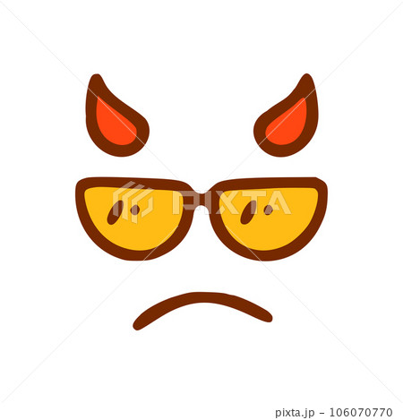 Sad devil with glasses face doodle icon. Emoticon in hand drawn style isolated on white background 106070770