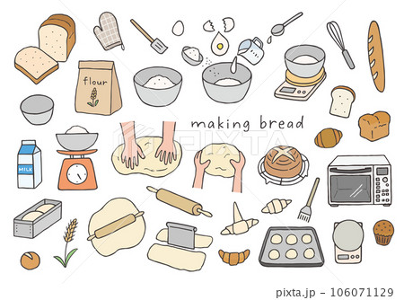 パン作りにまつわる手描きイラストセット（カラー） 106071129
