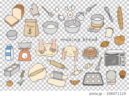 パン作りにまつわる手描きイラストセット(カラー) パン作りにまつわる手描きイラストセット(カラー) 106071129