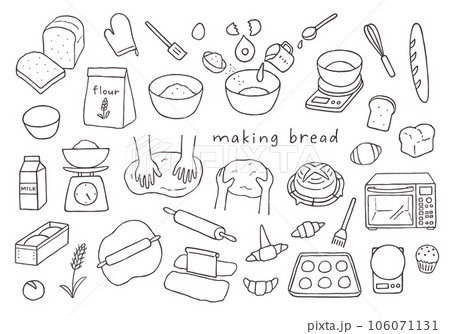 パン作りにまつわる手描きイラストセット(モノクロ) パン作りにまつわる手描きイラストセット(モノクロ) 106071131