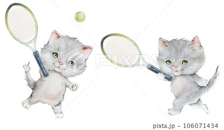 Little fluffy gray kitten tennis player holding racket watercolor illustration. Hand drawn isolated on a white background. pet cat cartoon for kids, posters, stickers, textile, sports Little fluffy gray kitten tennis player holding racket watercolor illustration. Hand drawn isolated on a white background. pet cat cartoon for kids, posters, stickers, textile, sports 106071434