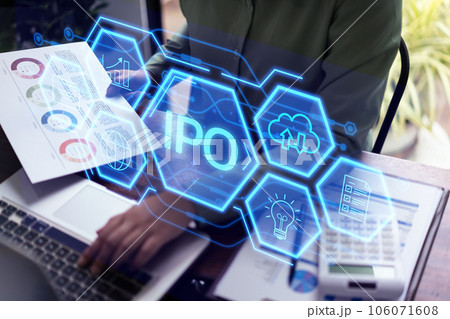 IPO or Initial Public Offering on chart laptop computer, financial trade. Concept of exchange and investment IPO or Initial Public Offering on chart laptop computer, financial trade. Concept of exchange and investment 106071608
