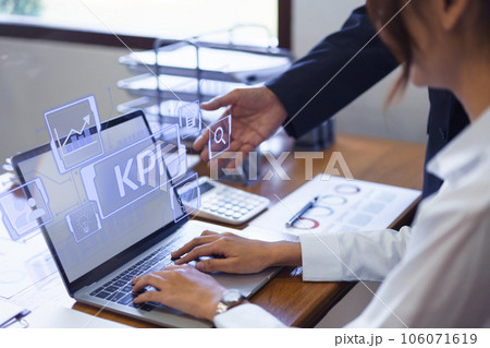 KPI acronym Key Performance Indicator For business planning and measure success, target achievement on Virtual Screen of laptop. KPI acronym Key Performance Indicator For business planning and measure success, target achievement on Virtual Screen of laptop. 106071619