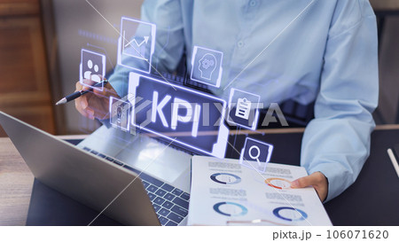 KPI acronym Key Performance Indicator For business planning and measure success, target achievement on Virtual Screen of laptop. KPI acronym Key Performance Indicator For business planning and measure success, target achievement on Virtual Screen of laptop. 106071620