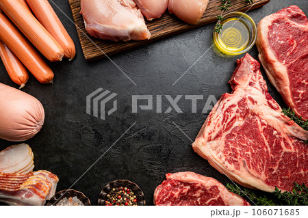 Raw meat and sausages. 106071685