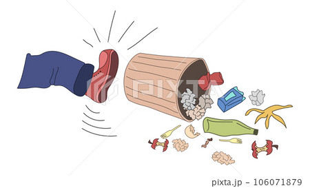 The leg of a hooligan kicks the trash bin, garbage scatters on the floor. Vandal. Street hooliganism. Environmental damage. Cartoonish flat style. Isolated vector The leg of a hooligan kicks the trash bin, garbage scatters on the floor. Vandal. Street hooliganism. Environmental damage. Cartoonish flat style. Isolated vector 106071879