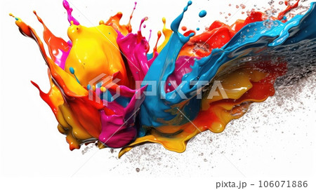 Rainbow paint splash, splashes of paint and ink with drops. Liquid multi-colored paint falls, spills and splatters. White background. Abstraction for design in and print 106071886