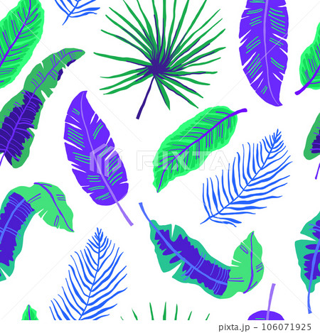 Vector seamless pattern with neon tropical leaves on white. Vector illustration 106071925