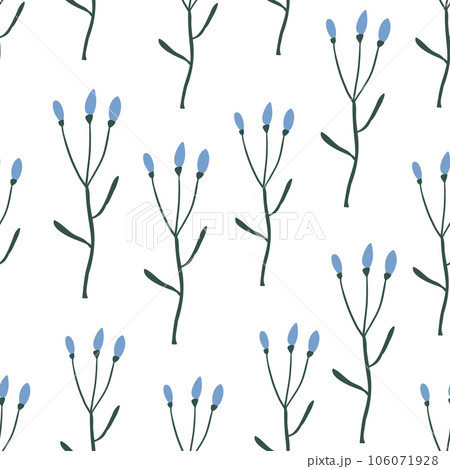 Simple vector pattern with wild plants, simple blue wild flowers pattern on white. Meadow pattern with blue flowers. Vector illustration 106071928
