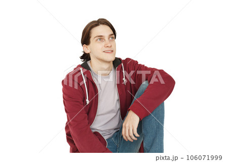 Happy man with brown hair looking up on white background Happy man with brown hair looking up on white background 106071999