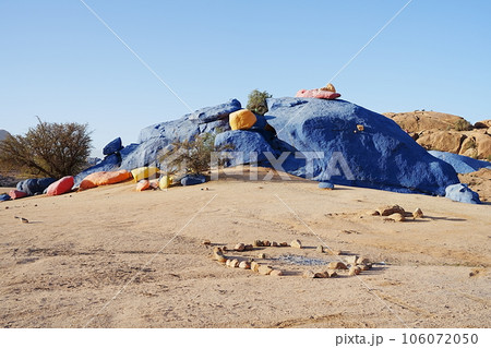 Painted stones near african Tafraout town in Morocco 106072050