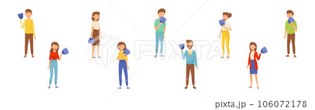 People Characters Expressing Emotion Hiding Behind Mask with Fake Feeling Vector Set 106072178