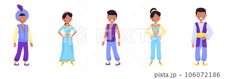 Man Sultan in Turban and Woman Princess from Arabian Fairy Tale Character Vector Set 106072186