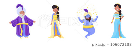 Man Sultan in Turban and Woman Princess from Arabian Fairy Tale Character Vector Set 106072188