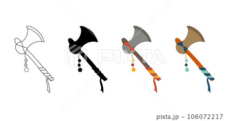 Set of axes of ancient African and Indian tribes and peoples. Axes in color, silhouette, contour. Isolated vector. Native American Indian Tomahawk weapon. History, traditions, crafts, culture Set of axes of ancient African and Indian tribes and peoples. Axes in color, silhouette, contour. Isolated vector. Native American Indian Tomahawk weapon. History, traditions, crafts, culture 106072217