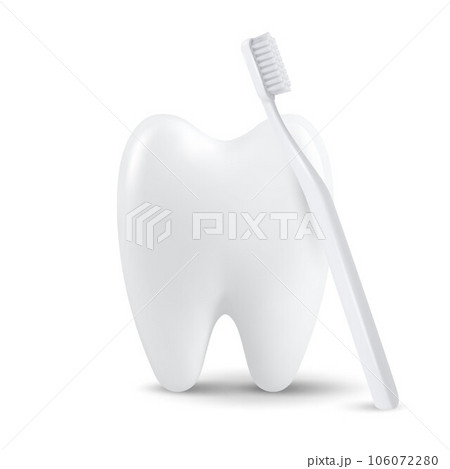 Vector 3d Realistic Tooth with Toothbrush Isolated on White Background. Medical Dentist Design Template, Clipart. Dental Health Concept 106072280