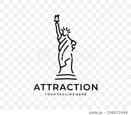 Statue of liberty, tourist attraction, travel and tourism, linear graphic design. Vacation, landmark, tour tourism, architecture and sightseeing, vector design and illustration 106072446